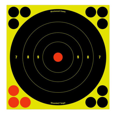 Birchwood Casey 34825 Shoot-N-C Reactive Target Self-Adhesive Paper Black/Yellow/Red 8″ Bullseye 30 Pack