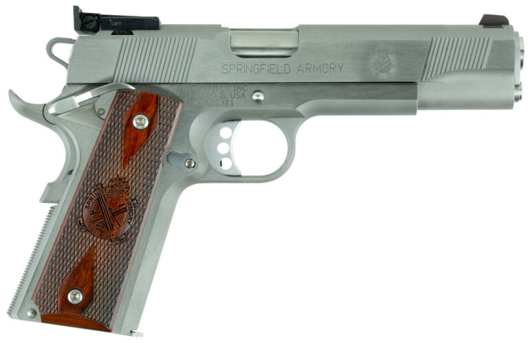 Springfield Armory PI9132LCA 1911 Loaded Target *CA Complaint 45 ACP 7+1, 5" Stainless Match Grade Stainless Barrel, Serrated Slide & Steel Frame w/Beavertail, Crossed Cannon Cocobolo Grip