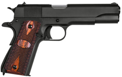 Auto-Ordnance 1911BKOW 1911 A1 GI Spec 45 ACP 7+1, 5″ Stainless Steel Barrel, Matte Black Serrated Carbon Steel Slide & Frame w/Beavertail, Checkered Wood w/Integrated US Logo Grip