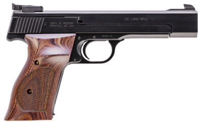 Smith & Wesson 130511 41  Full Size Frame 22 LR 10+1, 5.50″ Blued Button Rifled Steel Barrel, Serrated Slide & Frame, Checkered Wood Target Grip