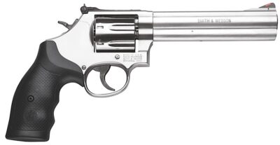 Smith & Wesson 164198 Model 686 Plus 357 Mag or 38 S&W Spl +P  Stainless Steel 6″ Barrel & 7rd   Cylinder, Satin Stainless Steel L-Frame, Red Ramp Front/White Outline Rear Sights, Internal Lock