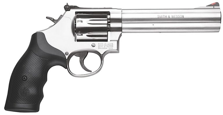 Smith & Wesson 164198 Model 686 Plus 357 Mag or 38 S&W Spl +P  Stainless Steel 6" Barrel & 7rd   Cylinder, Satin Stainless Steel L-Frame, Red Ramp Front/White Outline Rear Sights, Internal Lock