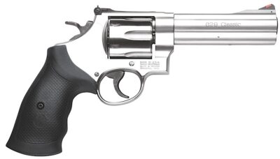 Smith & Wesson 163636 Model 629 Classic 44 Rem Mag or 44 S&W Spl Stainless Steel 5″ Barrel & 6rd Cylinder, Satin Stainless Steel N-Frame, Red Ramp Front/White Outline Rear Sights