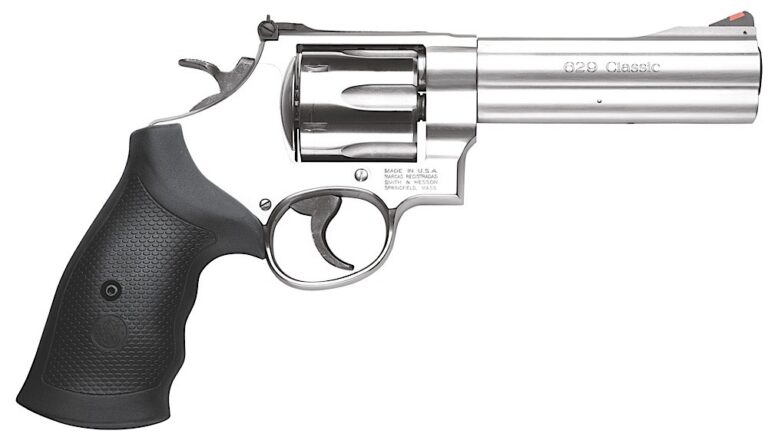 Smith & Wesson 163636 Model 629 Classic 44 Rem Mag or 44 S&W Spl Stainless Steel 5" Barrel & 6rd Cylinder, Satin Stainless Steel N-Frame, Red Ramp Front/White Outline Rear Sights