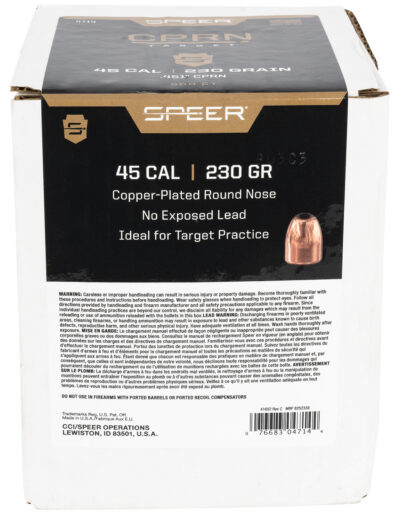 Speer Bullets 4714 Handgun45 Caliber .454 230 GR Round Nose (RN) 500 Box