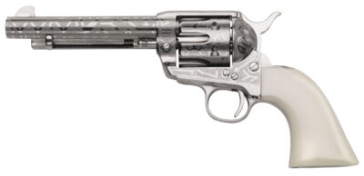 Taylors & Company 200060 1873 Cattle Brand Pietta 38 Special/357 Mag 6 Shot 5.50″ Nickel Engraved Round Barrel, Nickel Engraved Cylinder & Steel Frame, White PVC Navy Grip, Exposed Hammer