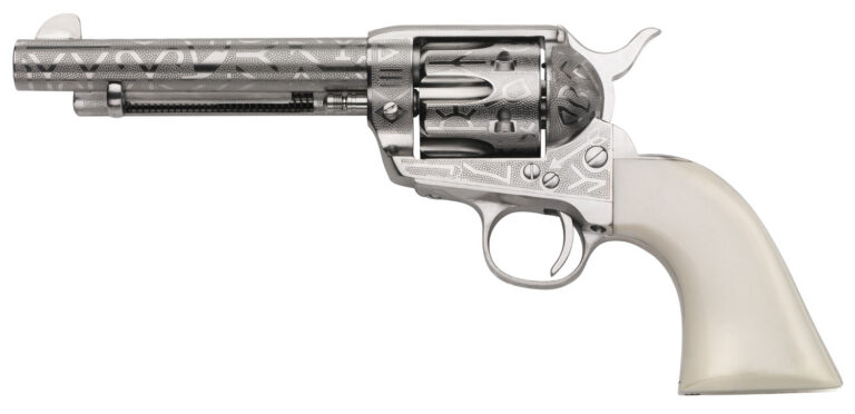 Taylors & Company 200060 1873 Cattle Brand Pietta 38 Special/357 Mag 6 Shot 5.50" Nickel Engraved Round Barrel, Nickel Engraved Cylinder & Steel Frame, White PVC Navy Grip, Exposed Hammer