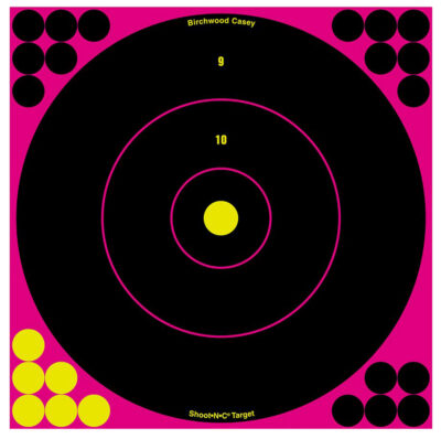 Birchwood Casey 34027 Shoot-N-C Reactive Target Self-Adhesive Paper Black/Pink 12″ Bullseye 5 Pack