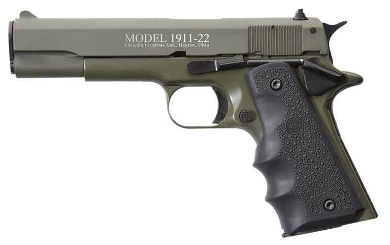 Chiappa Firearms 401121 1911-22 22 LR 10+1 5" OD Green Serrated Steel Slide & Beavertail Frame, Black Hogue Rubber w/Finger Grooves Grip
