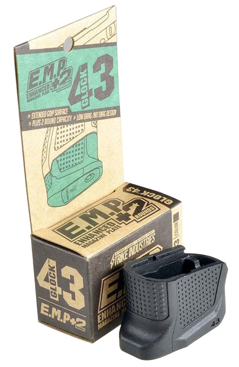 Strike Industries EMPG43B Enhanced Magazine Plate made of Polymer with Black Finish & Extra Gripping Surface for Glock 43 Magazines (Adds 2rds)