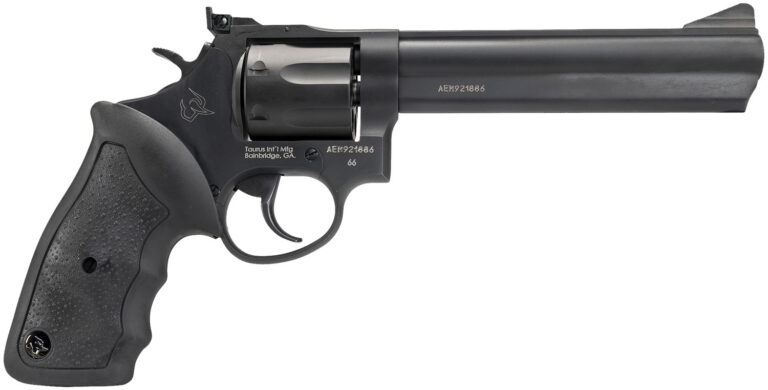 Taurus 2-660061 66  Medium 357 Mag/38 Special +P 7 Shot 6" Matte Black Oxide Alloy Steel Barrel, Cylinder & Frame, Black Finger Grooved Rubber Grip, Transfer Bar Safety, Exposed Hammer