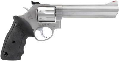 Taurus 2-660069 66  Medium 357 Mag/38 Special +P 7 Shot 6″ Matte Stainless Steel Barrel, Cylinder & Frame, Black Finger Grooved Rubber Grip, Transfer Bar Safety, Exposed Hammer
