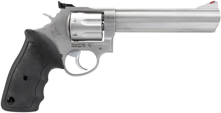 Taurus 2-660069 66  Medium 357 Mag/38 Special +P 7 Shot 6" Matte Stainless Steel Barrel, Cylinder & Frame, Black Finger Grooved Rubber Grip, Transfer Bar Safety, Exposed Hammer
