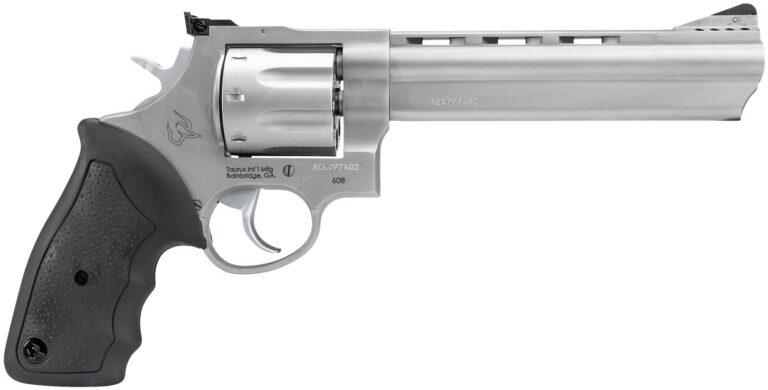 Taurus 2-608069 608  Large 357 Mag/38 Special +P 8 Shot 6.50" Matte Stainless Steel Ported Barrel, Cylinder & Frame, Black Finger Grooved Rubber Grip, Transfer Bar Safety, Exposed Hammer