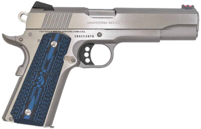 Colt Mfg O1073CCS Competition Government 38 Super 9+1 5″ Stainless National Match Barrel, Serrated Slide & Frame w/Beavertail, Checkered Blue G10 Grip, Ambidextrous
