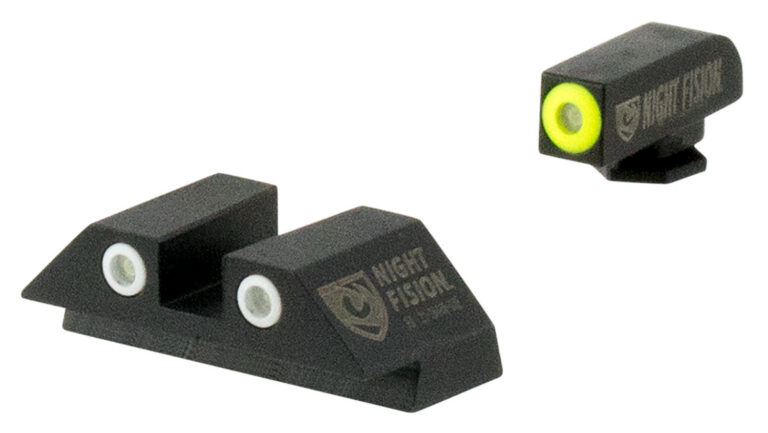 Night Fision Perfect Dot Tritium Night Sight Set for Glock 17/19/26/34 Green Tritium Front/Rear Yellow Front Ring Square Notch Rear with Yellow Ring Metal Body Black Nitride Finish
