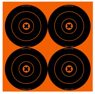 Birchwood Casey 36612 Big Burst Revealing Target Self-Adhesive Paper Black/Orange 6″ Bullseye 12 Pack