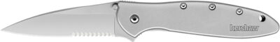 Kershaw 1660ST Leek  3″ Folding Drop Point Part Serrated Bead Blasted 14C28N Steel Blade Bead Blasted 410 Stainless Steel Handle Includes Pocket Clip