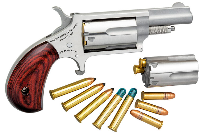 North American Arms 22MC Mini-Revolver  22 LR/22 WMR 5 Shot 1.63" Stainless Steel Barrel, Frame & Cylinder, Rosewood Grip, Exposed Hammer