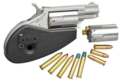 North American Arms 22MSCHG Mini-Revolver  22 LR/22 WMR 5 Shot 1.13″ Stainless Steel Barrel, Frame & Cylinder, Black Synthetic Holster Grip, Exposed Hammer