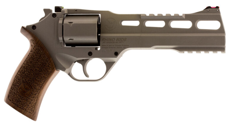 Chiappa Firearms CF340249 Rhino 60SAR *CA Compliant 357 Mag 6 Shot 6" Nickel-Plated Steel Barrel & Cylinder, Nickel-Plated Aluminum Frame & Barrel Shroud, Picatinny Rails, Walnut Grip