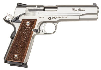 Smith & Wesson 178017 1911 Performance Center Pro  Full Size Frame 9mm Luger 10+1, 5″ Stainless Steel Barrel, Matte Silver Serrated Stainless Steel Slide & Frame w/Beavertail, Wood Grip