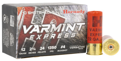 VARMINT EXPRESS 12 GAUGE 2-3/4” #4 SHOT SHOTGUN AMMO VARMINT EXPRESS 12 GAUGE 2-3/4” 24 PELLETS #4 SHOT 10/BOX