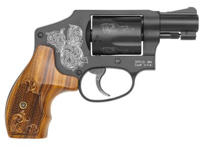 Smith & Wesson 150785 Model 442  38 S&W Spl +P 5 Shot 1.88″ Engraved Black Carbon Steel Barrel/Cylinder, Engraved Black Aluminum J-Frame, Engraved Wood Grip, Mahogany Presentation Case