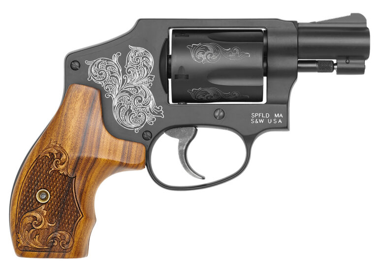 Smith & Wesson 150785 Model 442  38 S&W Spl +P 5 Shot 1.88" Engraved Black Carbon Steel Barrel/Cylinder, Engraved Black Aluminum J-Frame, Engraved Wood Grip, Mahogany Presentation Case