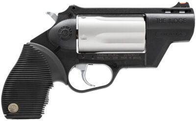 Taurus 2441029TCPLY Judge Public Defender 45 Colt (LC) Caliber or 2.50″ 410 Gauge 5 Shot 2.50″ Black Finish Barrel, Matte Stainless Finish Cylinder, Black Finish Polymer Frame & Black Ribber Grip