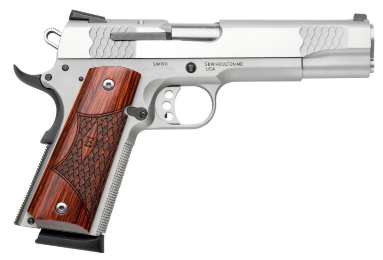 Smith & Wesson 108482 1911 E-Series Serrated Frame 45 ACP 8+1 5" Stainless Steel Barrel, Satin Stainless Serrated Slide & Frame w/Beavertail, Laminate Wood Grip