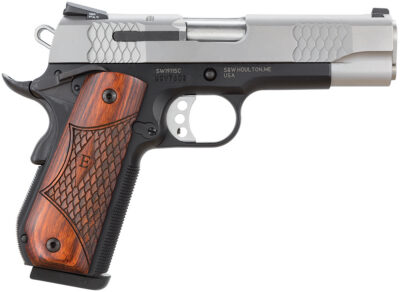 Smith & Wesson 108485 1911 E-Series 45 ACP  4.25″ Barrel 8+1, Black Round Butt Scandium Frame, Satin Stainless Steel Slide, Laminate Wood Grip, Manual Grip & Thumb Safety