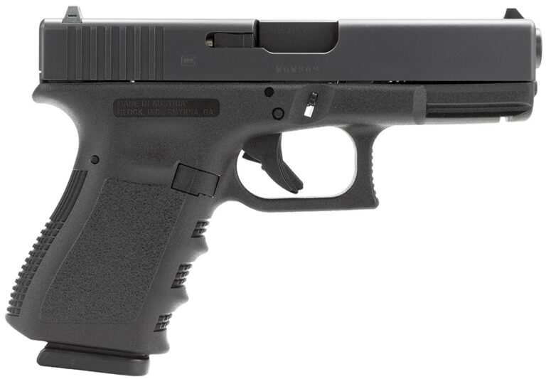 Glock - PI1950201 G19 Gen3 *CA Compliant Compact 9mm Luger 10+1 4.02" Black Steel Barrel, Matte Black Serrated Slide, Black Polymer Frame w/Accessory Rail, Black Finger Grooved Polymer Grip