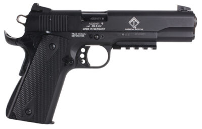 GSG GSG1911ADOP M1911 ADOP 22 LR 10+1 5″ Black Steel/Threaded Barrel & Serrated Slide, Zinc Alloy w/Accessory Rail & Beavertail Frame Black Double Diamond Polymer Grip