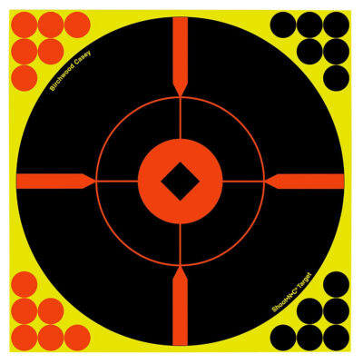 Birchwood Casey 34850 Shoot-N-C Reactive Target Self-Adhesive Paper Black/Yellow/Red 8″ Bullseye BMW 50 Pack
