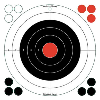 Birchwood Casey 33912 Stick-A-Bull  Self-Adhesive Paper Black/Red/White 12″ Bullseye 5 Pack