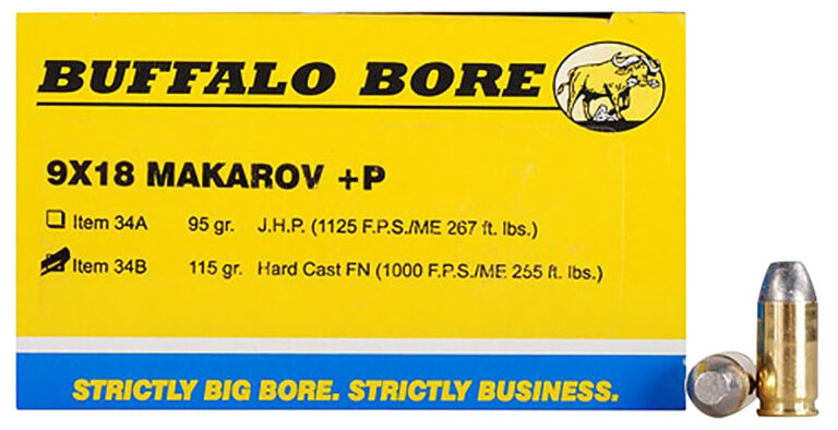 Buffalo Bore Ammunition 34B/20 Pistol 9x18 Makarov +P 115 gr Hard Cast Flat Nos