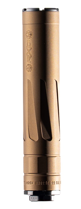 RXD22TI 22LR/5.7 CALIBER RIFLE SUPPRESSOR W/RXD674 MUZZLE BRAKE RXD22TI 22LR/5.7 SILENCER W/RXD674 1/2”-28 MUZZ BRAKE BRONZE