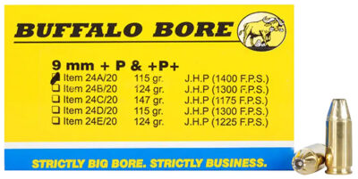 Buffalo Bore Ammunition 24A/20 Pistol  9mm Luger +P+ 115 gr Jacketed Hollow Poin