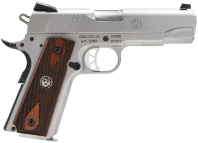 Ruger 6702 SR1911 Commander-Style 45 ACP 7+1 4.25″ Stainless Steel Barrel, Serrated Stainless Steel Slide, Stainless Steel Frame w/Beavertail, Hardwood Grip