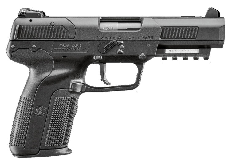 FN 3868929302 Five-seveN *CA Compliant Full Size Frame 5.7x28mm 10+1 4.80" Black Stainless Steel Barrel, Black Serrated Steel Slide, Matte Black Polymer Frame w/Picatinny Rail, Black Textured Polymer Grip, Ambidextrous