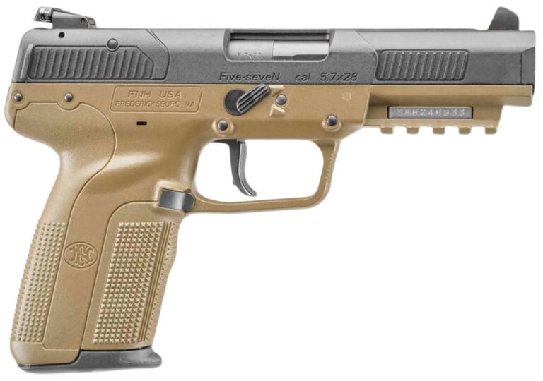 FN 3868929352 Five-seveN *CA Compliant Full Size Frame 5.7x28mm 10+1 4.80" Black Stainless Steel Barrel, Black Serrated Steel Slide, Flat Dark Earth Polymer Frame w/Picatinny Rail, FDE Polymer Grip, Ambidextrous