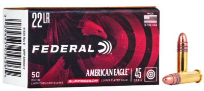 Federal American Eagle Suppressor Rimfire Ammo 22 LR. 45 gr. Copper Plated 50 rd.