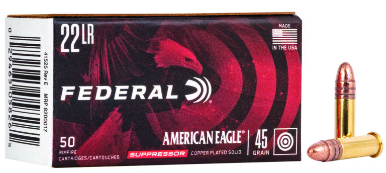 Federal American Eagle Suppressor Rimfire Ammo 22 LR. 45 gr. Copper Plated 50 rd.