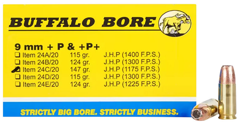 Buffalo Bore Ammunition 24C/20 Pistol 9mm Luger +P+ 147 gr Jacketed Hollow Poin