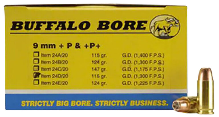 Buffalo Bore Ammunition 24D/20 Pistol 9mm Luger +P 115 gr Jacketed Hollow Point