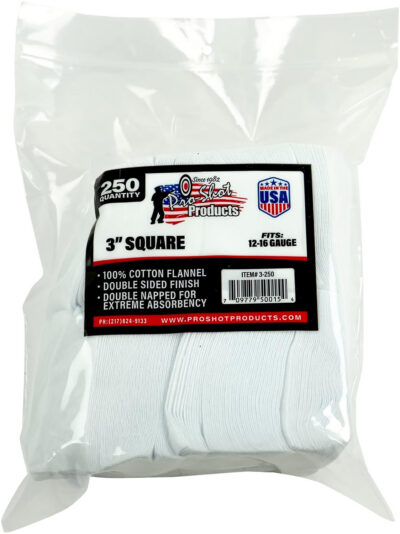 Pro-Shot 3250 Cleaning Patches  12-16 Gauge 3″ Square Cotton Flannel 250 Pack