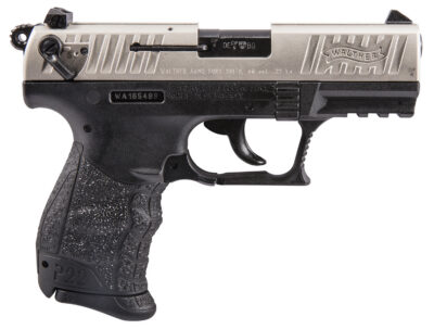 Walther Arms 5120336 P22 *CA Compliant 22 LR 10+1 3.42″ Black Permanent Threaded Capped Barrel, Nickel Serrated Steel Slide, Black Polymer Frame w/Picatinny Rail, Black Interchangeable Backstrap Grip Right Hand