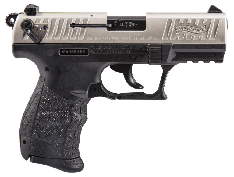 Walther Arms 5120336 P22 *CA Compliant 22 LR 10+1 3.42" Black Permanent Threaded Capped Barrel, Nickel Serrated Steel Slide, Black Polymer Frame w/Picatinny Rail, Black Interchangeable Backstrap Grip Right Hand
