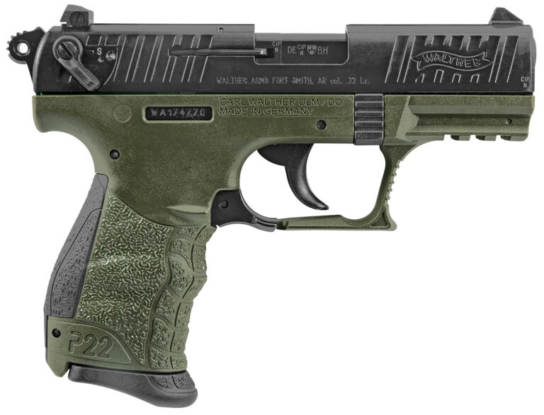Walther Arms 5120338 P22 Military *CA Compliant 22 LR 10+1 3.42" Black Steel Threaded Barrel, Matte Black Tenifer Serrated Slide, OD Green Polymer Frame w/Picatinny Rail, OD Green Grip w/Interchangeable Backstraps, Bobbed Hammer, Ambidextrous